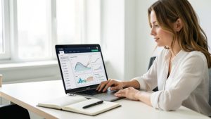 Consultante web analysant un tableau de bord SEO avec graphiques abstraits sur un ordinateur portable, carnet ouvert sur un bureau moderne et lumineux.