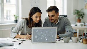 Deux professionnels collaborent dans un bureau français générique autour d’un ordinateur affichant un réseau abstrait de connexions, illustrant une activité de netlinking.