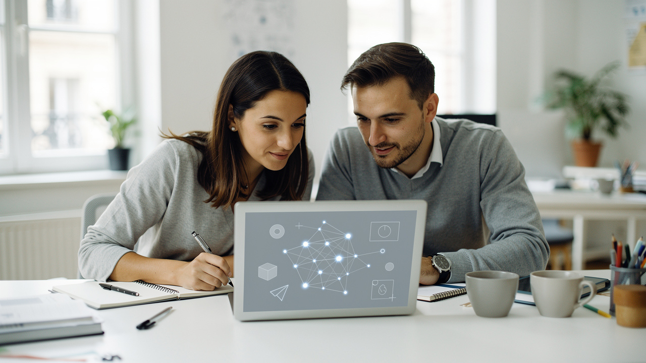 Deux professionnels collaborent dans un bureau français générique autour d’un ordinateur affichant un réseau abstrait de connexions, illustrant une activité de netlinking.