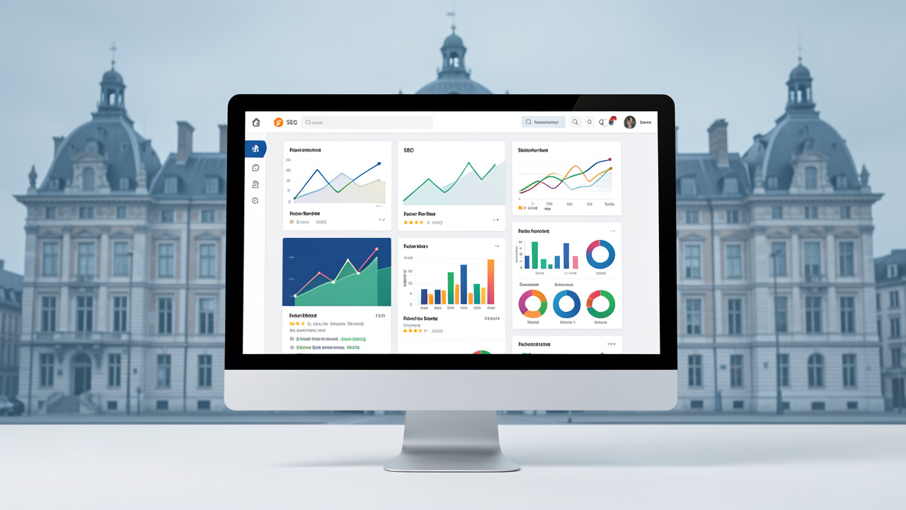 Illustration sobre d’un écran affichant une interface abstraite de résultats de recherche et des graphiques de trafic SEO, avec un bâtiment institutionnel bruxellois en arrière-plan.