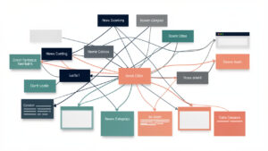 Infographie sobre représentant un réseau d’actualités locales reliant plusieurs villes, rubriques colorées et flux d’articles sous forme de modules visuels sans contenu écrit.