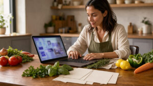 Éditrice culinaire travaillant sur un ordinateur parmi des fiches vierges et des ingrédients frais, avec une interface abstraite évoquant une recherche par intelligence artificielle en arrière-plan.