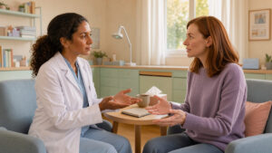 Une médecin et une patiente adultes échangent calmement dans un cabinet de santé au sujet des limites personnelles et du bien-être.